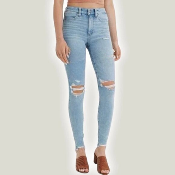 American Eagle High Rise Distressed Ripped Jeggings Blue Sz 0 Long - Picture 1 of 7